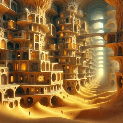 The primary subject of the image is a large, intricate, and ornate building made of bricks. The setting is a desert landscape, with the building towering over the sandy terrain. The visual style is a combination of digital art and illustration, creating a unique and captivating scene. The colors and mood of the image are predominantly warm and earthy, with the building's bricks and the desert's sandy hues creating a sense of depth and complexity.